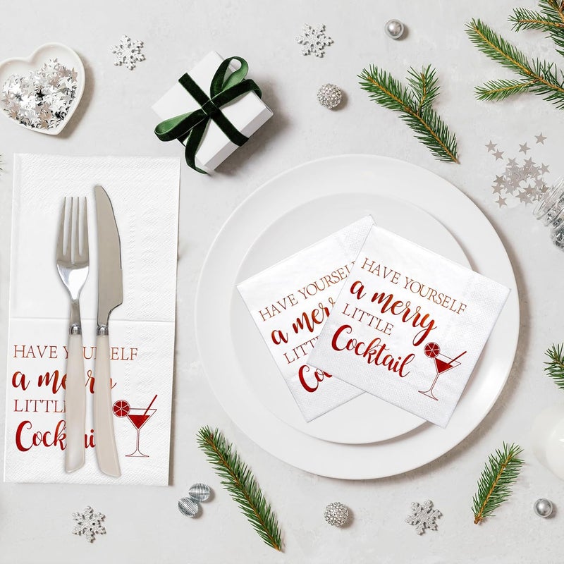 LeZakaa 50Pcs Christmas Cocktail Napkin, Have Yourself a Merry Little Cocktail Red Gold Foil Design, 3-Ply Dinner Napkins Square Disposable Guest Paper, Table Décor and Party Supplies, 6.5 x 6.5In - Image 4